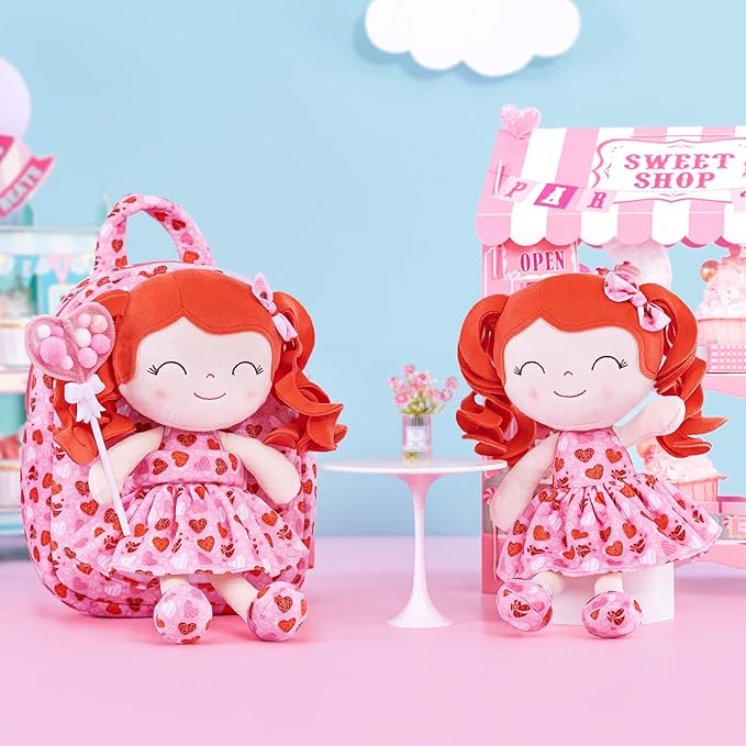 Gloveleya Toddler Girls Backpack Baby Girl Gifts Curly Hair Dolls I Love You Plush Doll with Heart Printed Dress Love Series 9inches