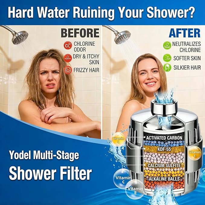 Yodel Shower Filter for Hard Water - 25 Stage Shower Head Filter Removes Chlorine for Hair and Skin, Reduces Dry Skin, Dandruff and Hair Damage, Universal High Output Water Filter,Chrome