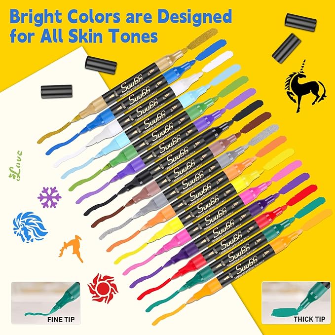 Temporary Tattoo Markers Kit, Dual-End 16 Colors with 80 Stencils for Body Art | Skin-Safe, Washable, Cosmetic-Grade | for Kids & Adults
