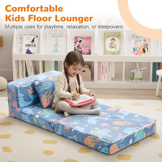 MeMoreCool Foldable Futon Chair Bed for Kids, Glow Tri-fold Sofa Bed Convertible Toddler Sofa Mattress, Foam Floor Couch for Sitting, Blue