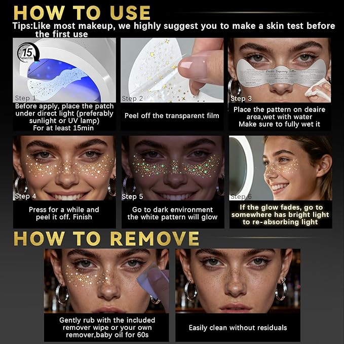 Noerrors 6pcs Glitter Freckles Glow in the Dark Temporary Speckles Tattoo Sticker, Cute Gold Star Nightglow Fake Faux Freckle Makeup Patches, Sparkle Glow Up Face Tattoo for Party