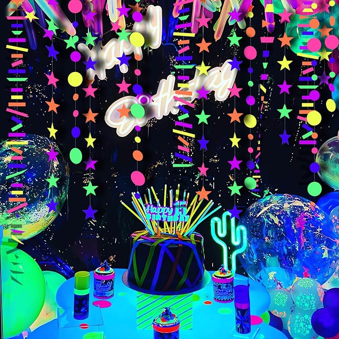 96ft UV Neon Paper Garland Round dot Star Rectangle kit Neon Decor Banners for Glow Party Supplies, UV Reactive Glow in The Dark Streamers for Birthday neon Party Decorations Black Party Supplies…