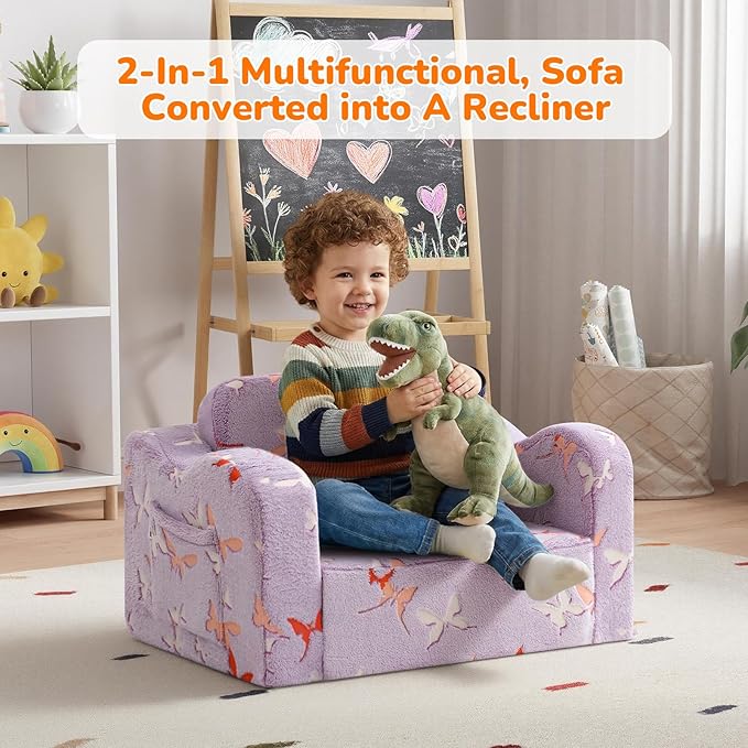 MeMoreCool Glowing Butterfly Kids Chair, 2-in-1 Foldable Kids Couch for Girls, Glow-in-the-Dark Lavender Sofa with Fold-Out Lounger, Soft Foam Kids Furniture for Playroom Nursery, Washable Cover | Reading, Relaxing