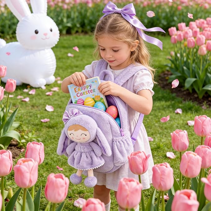 Gloveleya Back to School Gifts for Girls Bunny Toddler Backpack Plush Bag Baby Gift for Girl 2+ Years Old with Detachable Purple Rabbit Doll