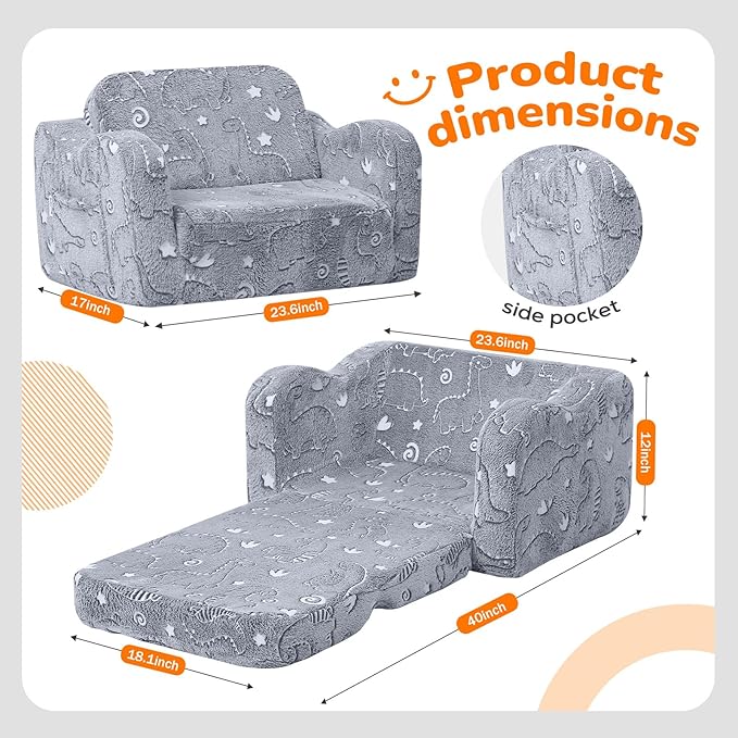 MeMoreCool Glow-in-the-Dark Dinosaur Kids Couch, 2-in-1 Foldable Kids Couch and Sofa Chair for Playroom Nursery, Soft Foam Fold Out Lounger for Boys Ages 1-3, Washable Cover, Gray | Reading, Lounging