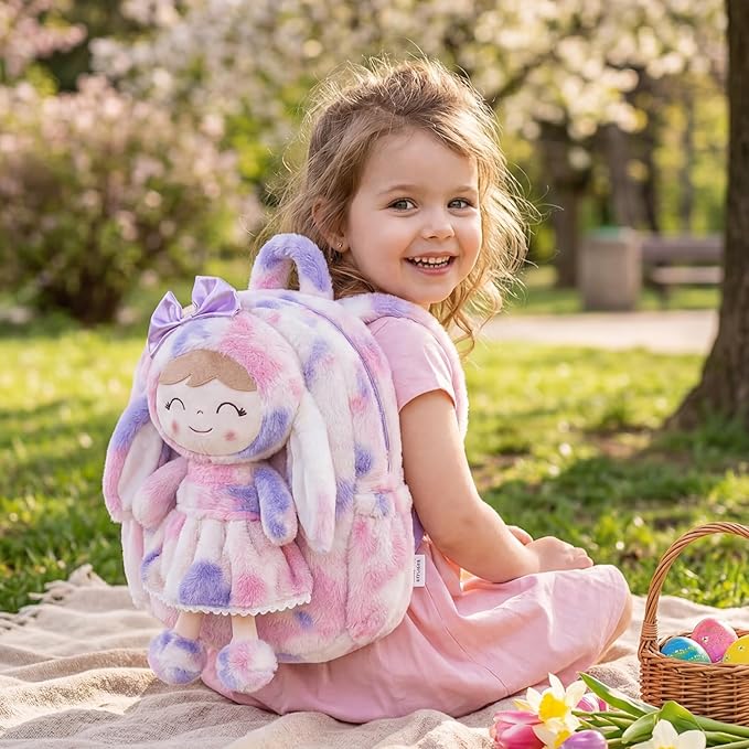 Gloveleya Back to School Gifts for Girls Backpack Plush Diaper Bag Detachabale Doll Tie-dye Purple and Soft Rabbit Design Aged 2+