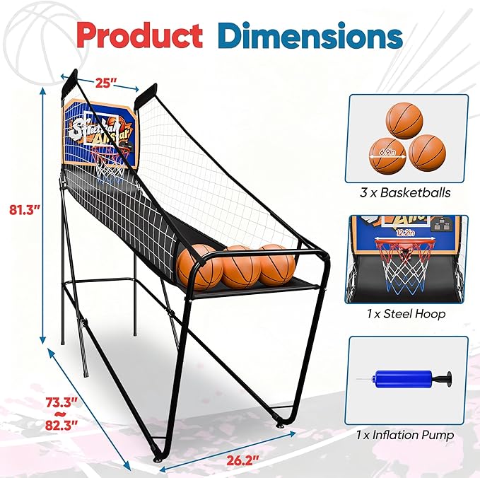 Foldable Electronic Arcade Basketball Game with Electronic Scorer & Buzzer 3 Basketballs & Pump, Pop-Up Game, Indoor Basketball Arcade Game for Kids Adults