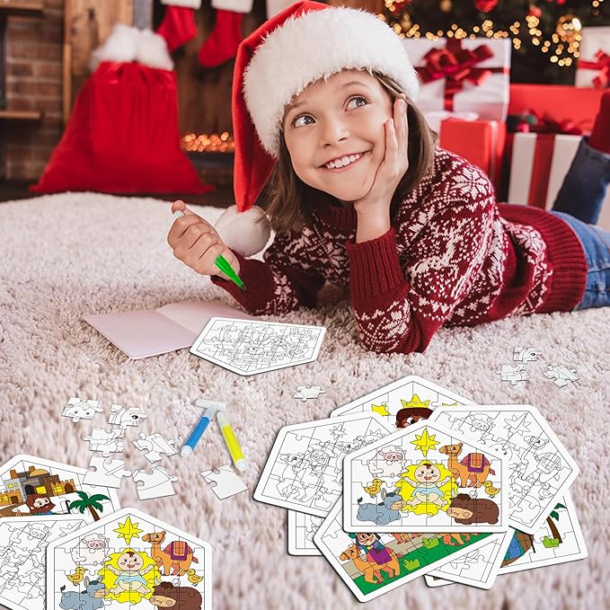 Cinrobiye 24 Pcs Christmas Nativity Coloring Puzzle Craft，DIY Jesus Religious Paper Crafts Make a Nativity Scene Sticker for Christian Holy Night Sunday School Church Classroom Holiday Art Project