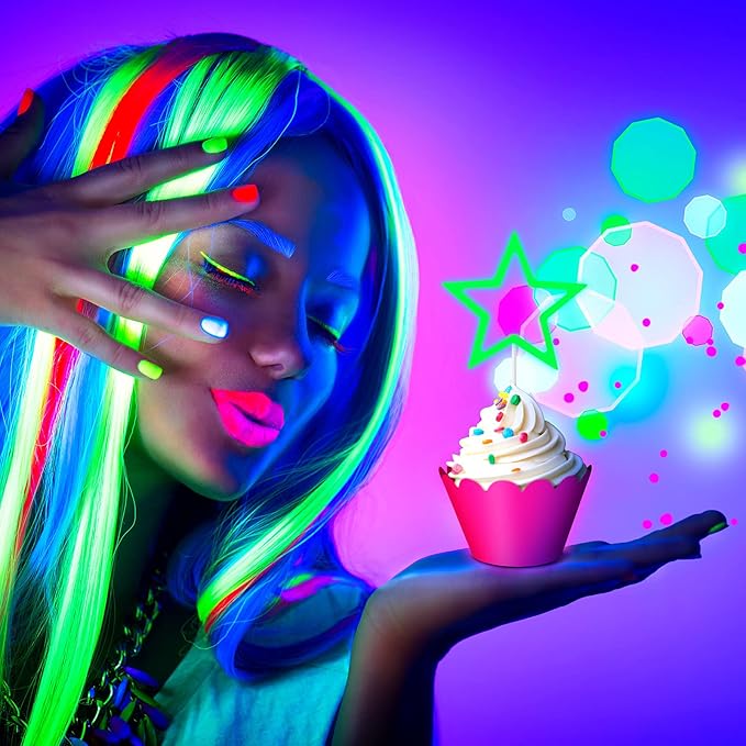 40 Pieces Glow Party Neon Party Supplies Glow Cake Toppers Neon Star Cake and Cupcake Wrappers Birthday Cupcake Pick for Glow Neon Birthday Wedding Halloween Party Black Light Reactive