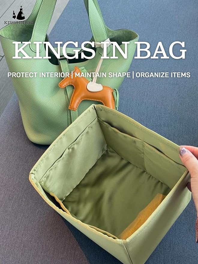 Purse Organizer Insert for Picotin 18/22, Satin Bag Organizer for Woman, Soft & Lightweight Purse Essentials, Ideal for Travel, Shopping, and Daily Use, Multiple Pockets(PC 18,Vert Criquet)