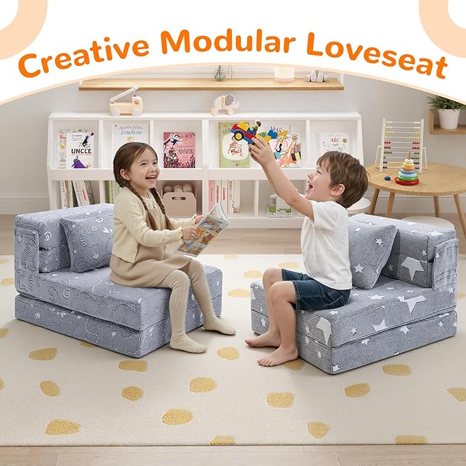 MeMoreCool Kids Floor Mattress Glow in The Dark, Convertible Sofa Couch, Folding Futon Chair Bed for Kids Playroom (Glowing Dinosaur)
