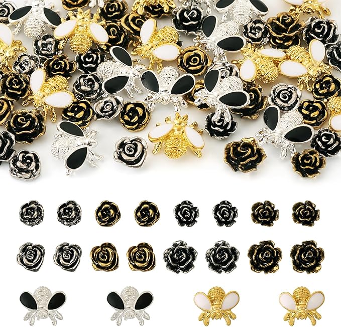 60Pcs Y2K Nail Charms Antique 3D Alloy Rose Bee Nail Cabochons Nails Art Charms Flower Nails Stickers Enamel Bee Charm for Women DIY Manicures Crafts Jewelry Making