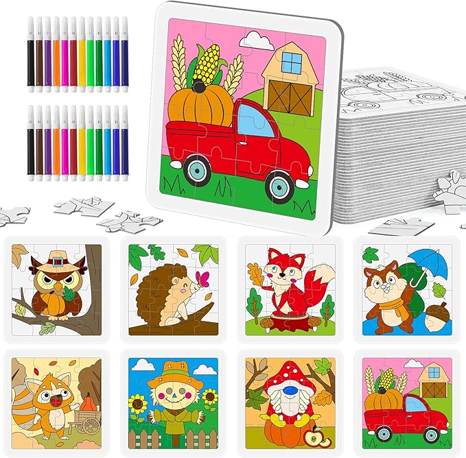 Cinrobiye 24 Set Fall Craft Kit Thanksgiving Coloring Puzzle Arts and Crafts Kit with Pumpkin Leaf Turkey Owl DIY Crafts Autumn Gift for Fall Holiday Home Classroom Activities Party Supplies