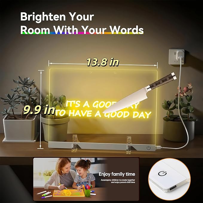 LED Drawing Board, Glow Acrylic Dry Erase Message Board with Light, 7 Colors & 4 Modes with Stand, Night Light for Room, Get Extra 7 Markers & 10pcs 3D Magic Puffy Paint Kit(13.8'' x 9.9'')