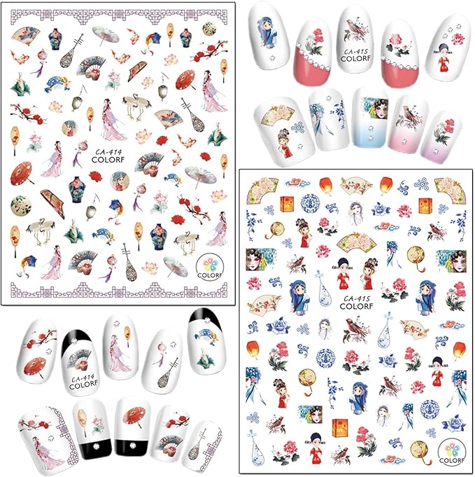 Chinese Style Nail Art Stickers, Flowers Nail Art Decals 3D Self-Adhesive Nail Sticker Design Holographic Floral Chinese Classical Beauty Nail Decal Supplies for Women Girls Manicure DIY Decorations