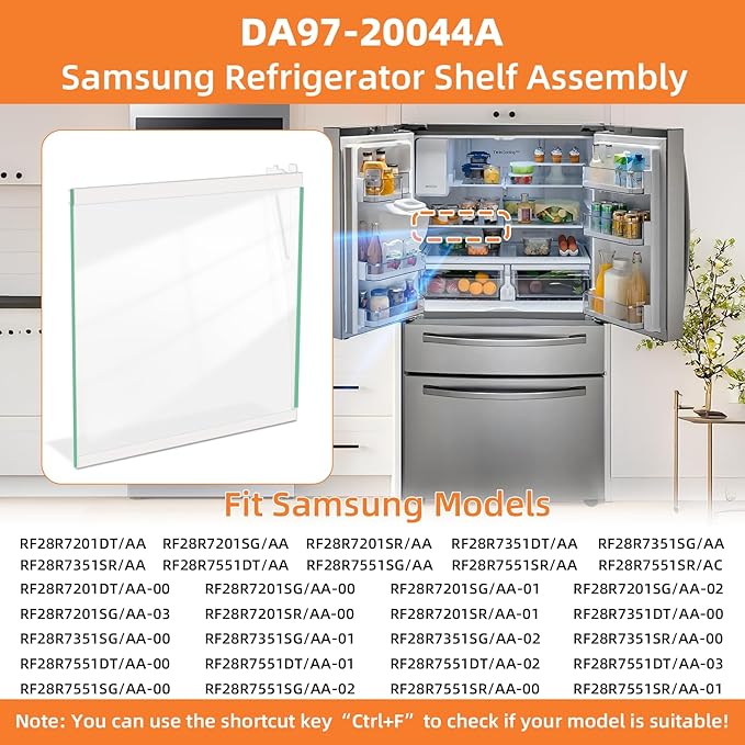 UPGRADED DA97-20044A Refrigerator Glass Shelf For Samsung Fridge Shelf Replacement RF28R7201SR RF28R7351SR RF28R7551SR Fixed Left Middle Shelves Assembly Samsung Refrigerator Parts White Metal Edge