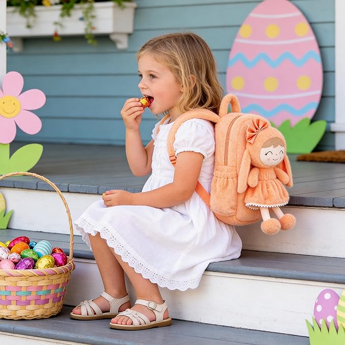 Gloveleya Back to School Gifts for Girls Toddler Backpack Plush Bag with Detachable Orange Rabbit 11 Inches Gift for Baby Girl Aged 2+