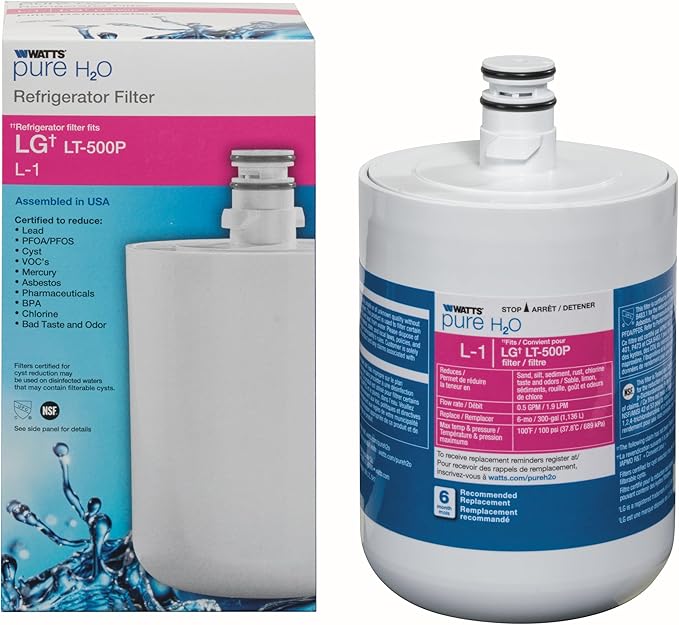 Watts L-1 LG Refrigerator Water Filter Replacement Cartridge, Compatible with ADQ36006101, 6-Month/300 Gallon Life, Reduces Lead, Chlorine & Odor, NSF Certified