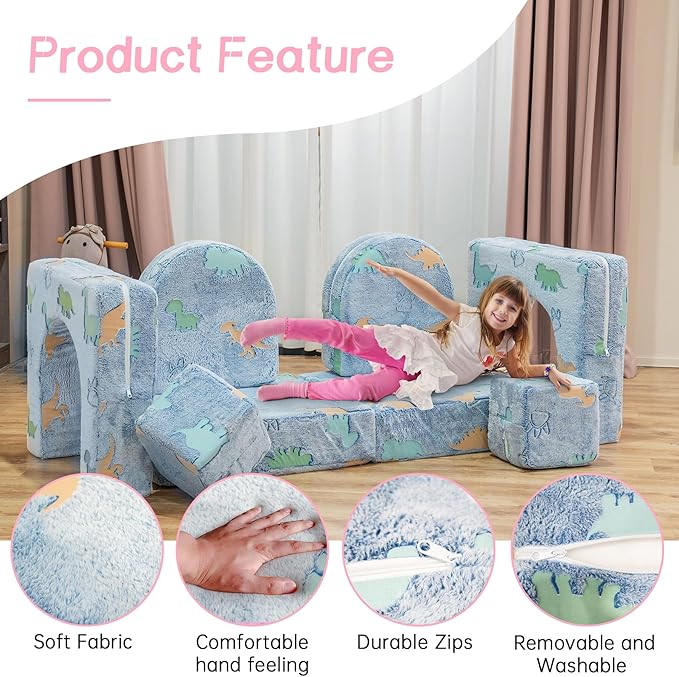 Sofa Cover 8PCS, Washable Couch Cover Glow in The Dark for Playroom Bedroom, Comfy Toddler Couch Cover for Boys and Girls,Only Cover Glowing Dinosaur (Blue), J16858721-WT