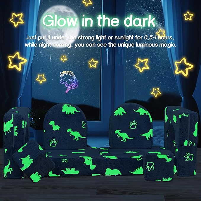Sofa Cover 8PCS, Washable Couch Cover Glow in The Dark for Playroom Bedroom, Comfy Toddler Couch Cover for Boys and Girls,Only Cover Glowing Dinosaur (Blue), J16858721-WT