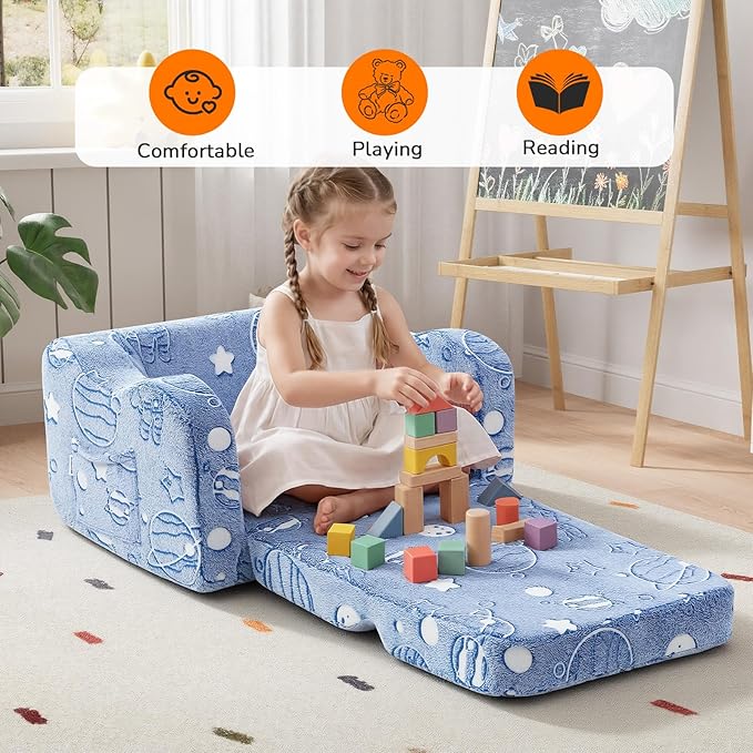 MeMoreCool Glowing Astronaut Planet Kids Chair, 2-in-1 Glow-in-the-Dark Space Kids Couch Fold Out to Lounger, Comfy Foam Sofa for Boys Ages 1-3, Convertible Recliner with Washable Cover | Reading, Relaxing