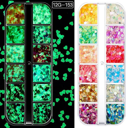 12 Grids Luminous Nail Art Glitter Powder, Glow in The Dark Nail Art Sequins with Heart Shape Designs, Night Holographic Fluorescent Nails Mix Pigment Supplies for Women Girls Glow Decorations