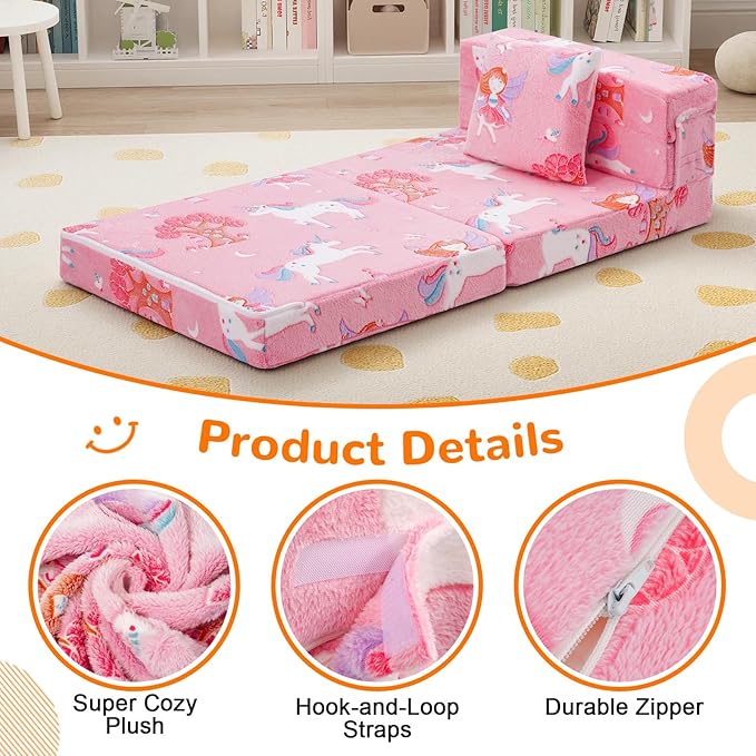 MeMoreCool Foldable Futon Chair Bed for Kids, Glow Tri-fold Sofa Bed Convertible Toddler Sofa Mattress, Foam Floor Couch for Sitting, Pink