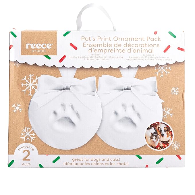 Reece Studio Pet Paw Print Ornament Kit, 2-Pack Keepsake Clay Impression Set with White Ribbon – DIY Holiday Decoration for Dogs and Cats, for Pet Owners
