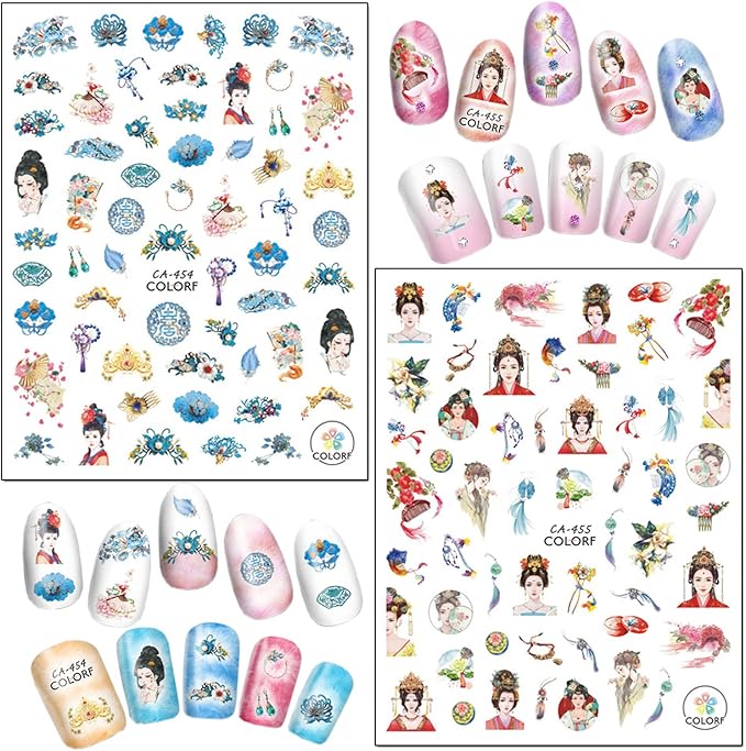 Chinese Style Nail Art Stickers, Flowers Nail Art Decals 3D Self-Adhesive Nail Sticker Design Holographic Floral Chinese Classical Beauty Nail Decal Supplies for Women Girls Manicure DIY Decorations