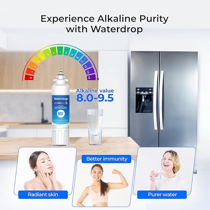 Waterdrop ADQ73613401 Replacement for LG® LT800P®, With 𝐀𝐥𝐤𝐚𝐥𝐢𝐧𝐞 ADQ73613401 Water Filter, 𝐄𝐧𝐡𝐚𝐧𝐜𝐞𝐬 𝐩𝐇, Replacement for LG® LT800P® 5 Fliters