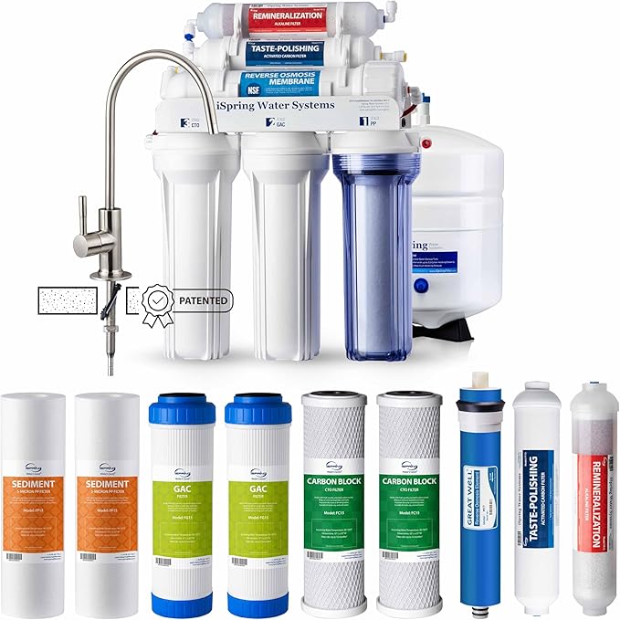 iSpring RCC7AKF3 Value Pack, Alkaline 6-Stage Under Sink Reverse Osmosis Water Filter System, Patented Easy-Mount Faucet for Effortless Installation, Additional 3 Pre-Filters Included
