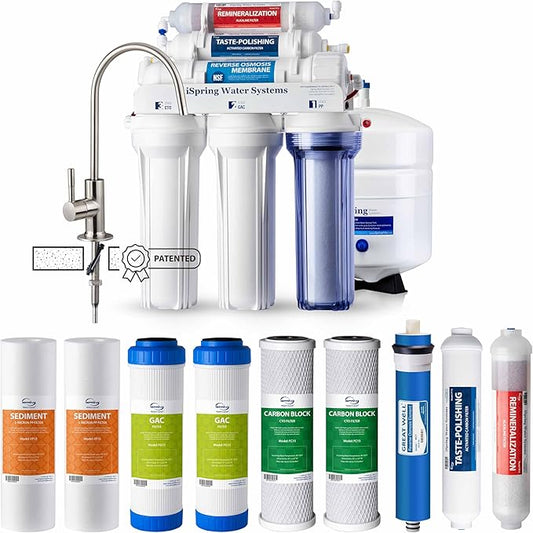 iSpring RCC7AKF3 Value Pack, Alkaline 6-Stage Under Sink Reverse Osmosis Water Filter System, Patented Easy-Mount Faucet for Effortless Installation, Additional 3 Pre-Filters Included