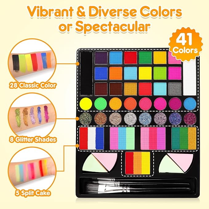Mocoosy 41 Color Face Painting Kit for Kids, Non-Toxic Water Activated Face Paint Palette With Stencil, Brushes, Gem, Professional Body Makeup Kit for Cosplay Party, Carnival, Birthday, Costume Party