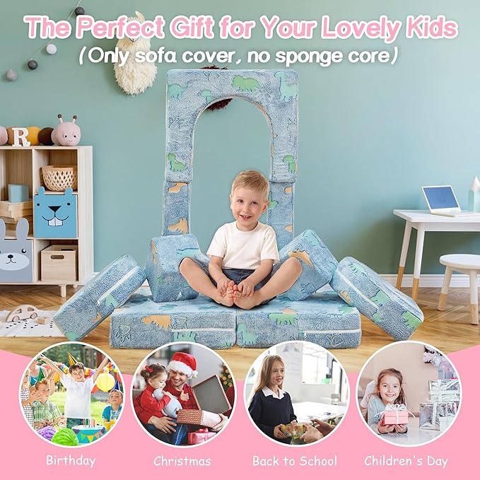 Sofa Cover 8PCS, Washable Couch Cover Glow in The Dark for Playroom Bedroom, Comfy Toddler Couch Cover for Boys and Girls,Only Cover Glowing Dinosaur (Blue), J16858721-WT