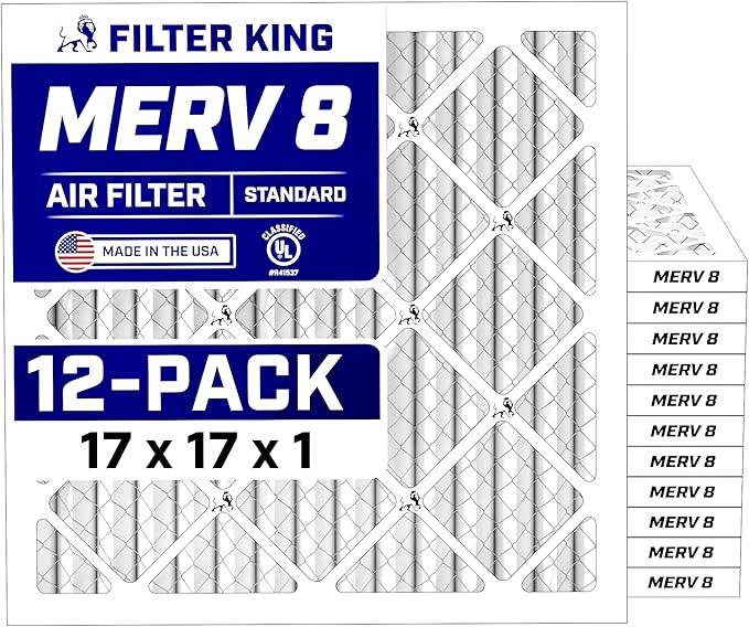 Filter King 17x17x1 Air Filter (MERV 8) (12-Pack) Dust & Allergy Control AC Furnace Filters, MADE IN USA, HVAC, Pleated, Electrostatic (Actual Size: 17 x 17 x .75)