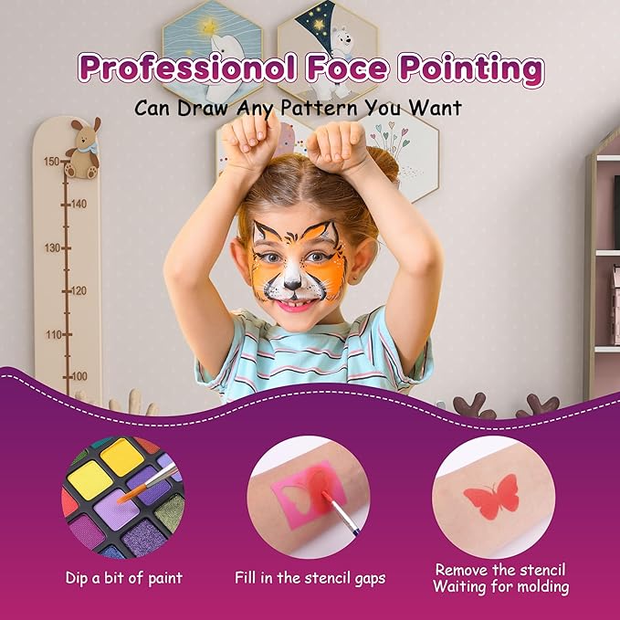 Maydear 48-Color Face Paint Kit for Kids – Washable Makeup with Neon & Metallic Shades, Brushes, Stencils, Rainbow Strip, Hair Extensions & Nail Stickers for Parties & Halloween