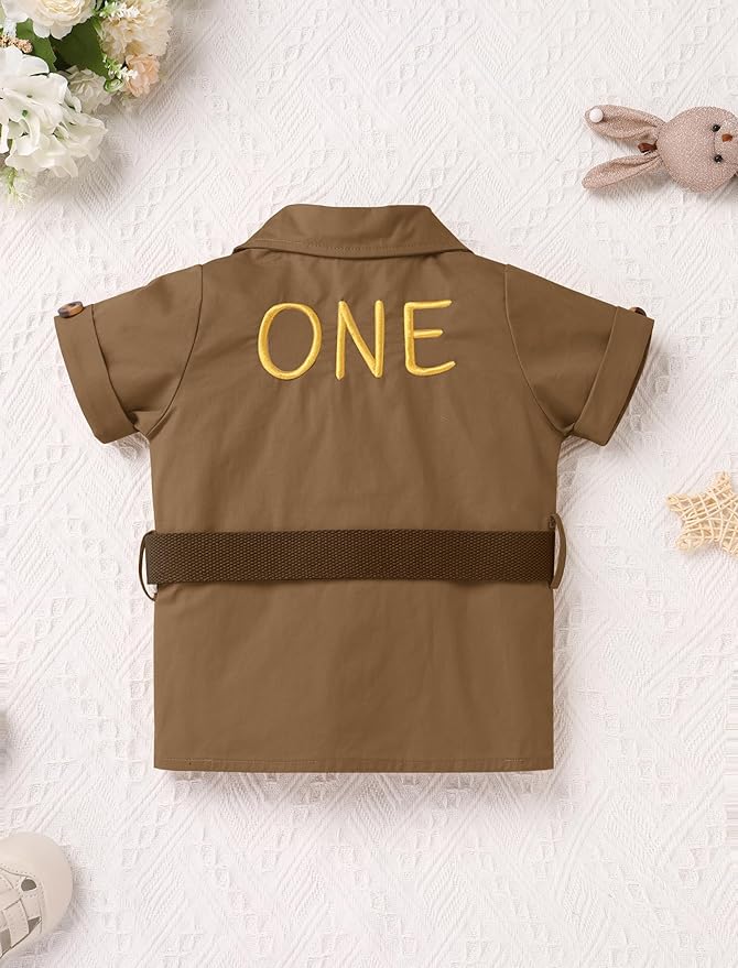 ODASDO Baby Boy Jungle Safari 1st Birthday Cake Smash Outfit Button Down Shirt + Shorts + Hat + Bandana + Belt 5pcs Set