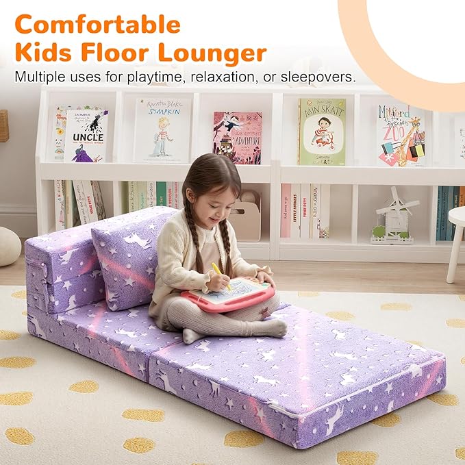MeMoreCool Foldable Futon Chair Bed for Kids, Glow Tri-Fold Sofa Bed Convertible Toddler Sofa Mattress, Foam Floor Couch for Sitting, Purple
