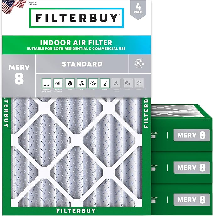 Filterbuy 18x20x4 Air Filter MERV 8 Essential Dust & Allergy Defense (4-Pack), Electrostatic Pleated HVAC AC Furnace Filters Replacement (Actual Size: 17.50 x 19.50 x 3.63)