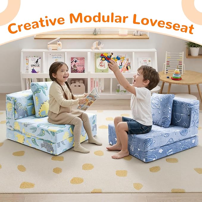 MeMoreCool Glow Dinosaur Tri-fold Sofa Bed for Kids, Foldable Futon Mattress and Chair, Convertible Floor Couch for Playroom