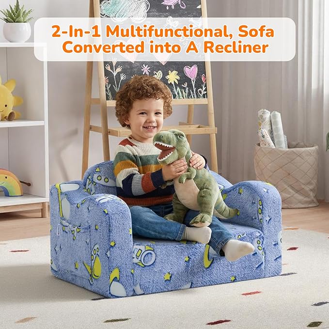 MeMoreCool Glowing Rocket Kids Chair, Glow-in-the-Dark Space Kids Couch, 2-in-1 Convertible Fold-Out Lounger with Soft Foam, Washable Cover for Boys Playroom, Denim Rocket | Reading, Lounging