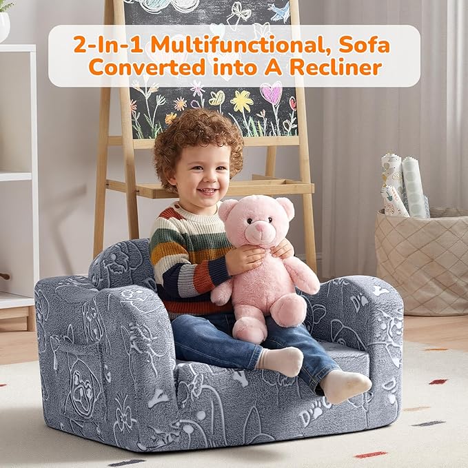 MeMoreCool Glowing Dog Print Kids Chair, 2-in-1 Foldable Kids Couch with Glow-in-the-Dark Design, Convertible Fold-Out Sofa Lounger for Playroom and Nursery, Washable Cover, Gift for Boys and Girls | Reading, Relaxing