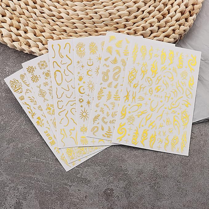 6 Sheets Gold Nail Art Adhesive Sticker 3D Self-Adhesive Nail Decals Art Design Holographic Moon Sun Stars Nail Art Sticker Decoration for Women Manicure Tips Acrylic Nails DIY Nails Art Supplies