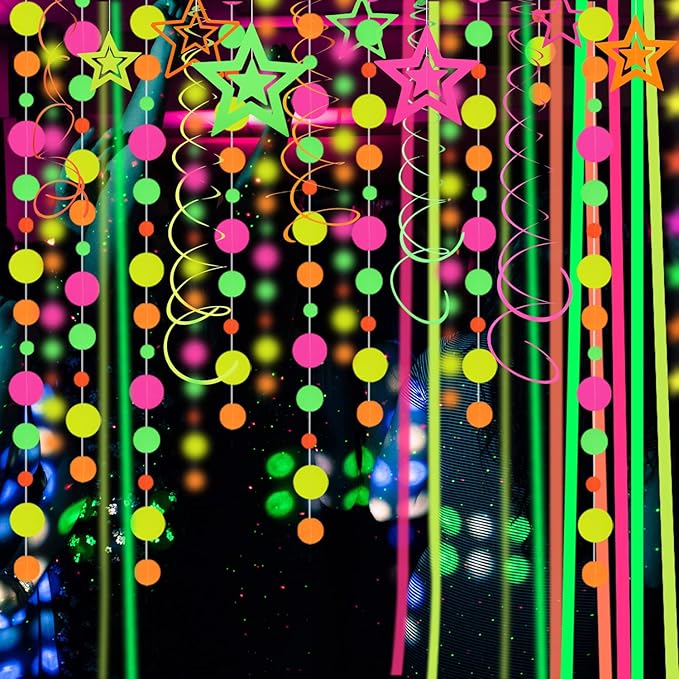 115feet Paper UV Round Neon Garland Streamers Black Light Decorations for Glow Party Supplies and Decorations UV Reactive Neon Party Favors Glow in The Dark for Wedding Birthday Banners