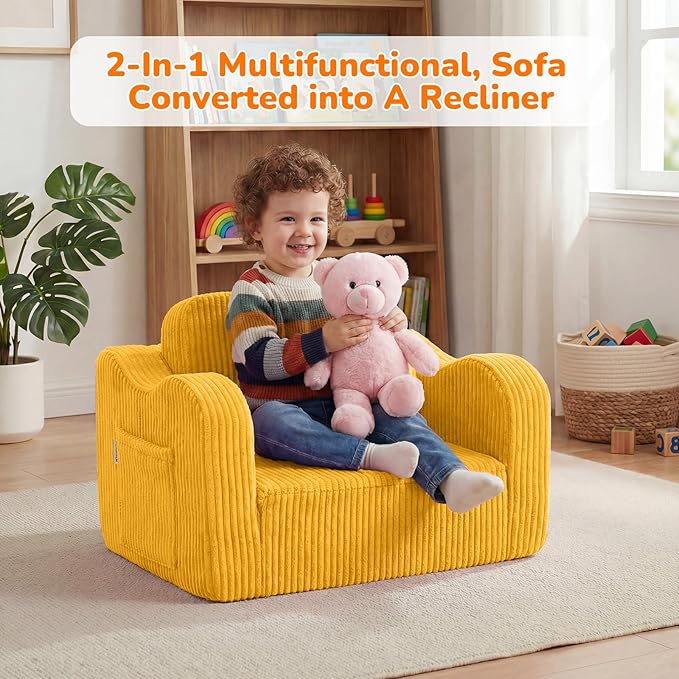 MeMoreCool Toddler Couch, 2-in-1 Corduroy Kids Couch Fold Out to Lounger, Comfy Toddler Chair for 1-3 Year Old, Soft Foam Kids Sofa with Washable Cover for Playroom and Bedroom, Mustard Yellow