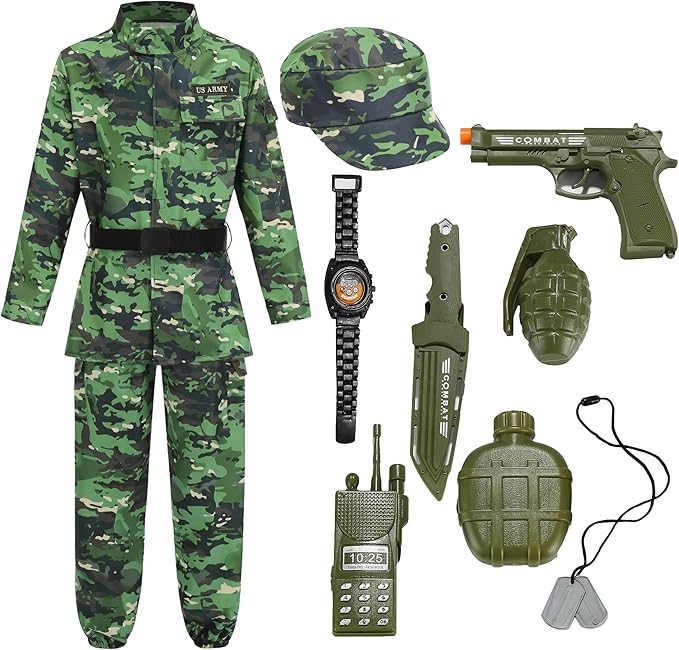 GRAJTCIN Kids Army Costume Long sleeve Halloween Party Military Soldier Dress Up Boys Costume for 4-14Y 11 PCS
