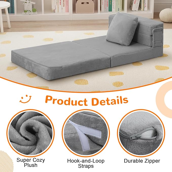 MeMoreCool Foldable Futon Chair Bed for Kids, Grey Tri-fold Convertible Toddler Sofa Mattress, Foam Floor Couch for Sitting