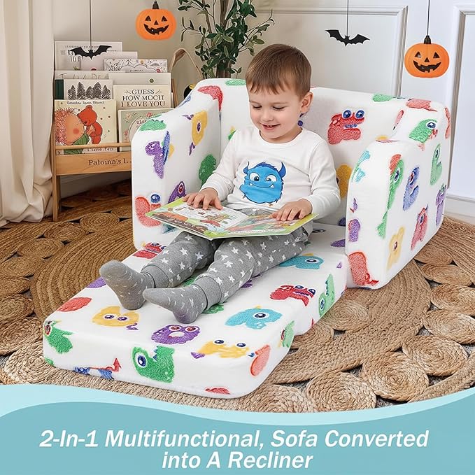 MeMoreCool Glowing Alphabet Monster Kids Chair - 2-in-1 Foldable Kids Couch with Light-Up Letters, Convertible Fold-Out Lounge Seat, Soft Foam Sofa with Washable Cover for Boys and Girls Ages 1-3 | Playroom Seating