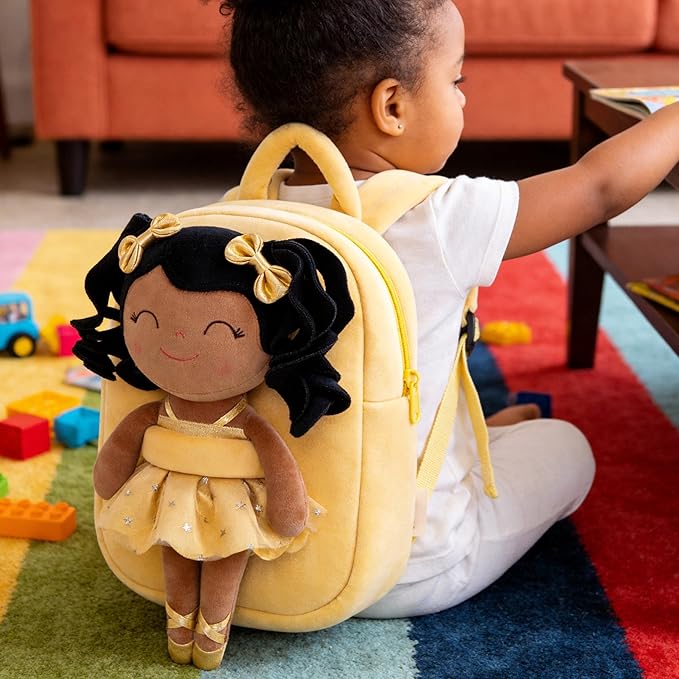 Gloveleya Toddler Backpack Baby Ballerina Girl Gifts Plush Curly Hair Ballet Backpack - Black Blonde 9 inches