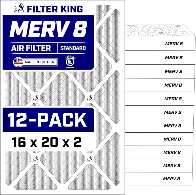 Filter King 16x20x2 Air Filter (MERV 8) (12-Pack) Dust & Allergy Control AC Furnace Filters, MADE IN USA, HVAC, Pleated, Electrostatic (Actual Size: 15.5 x 19.5 x 1.75)